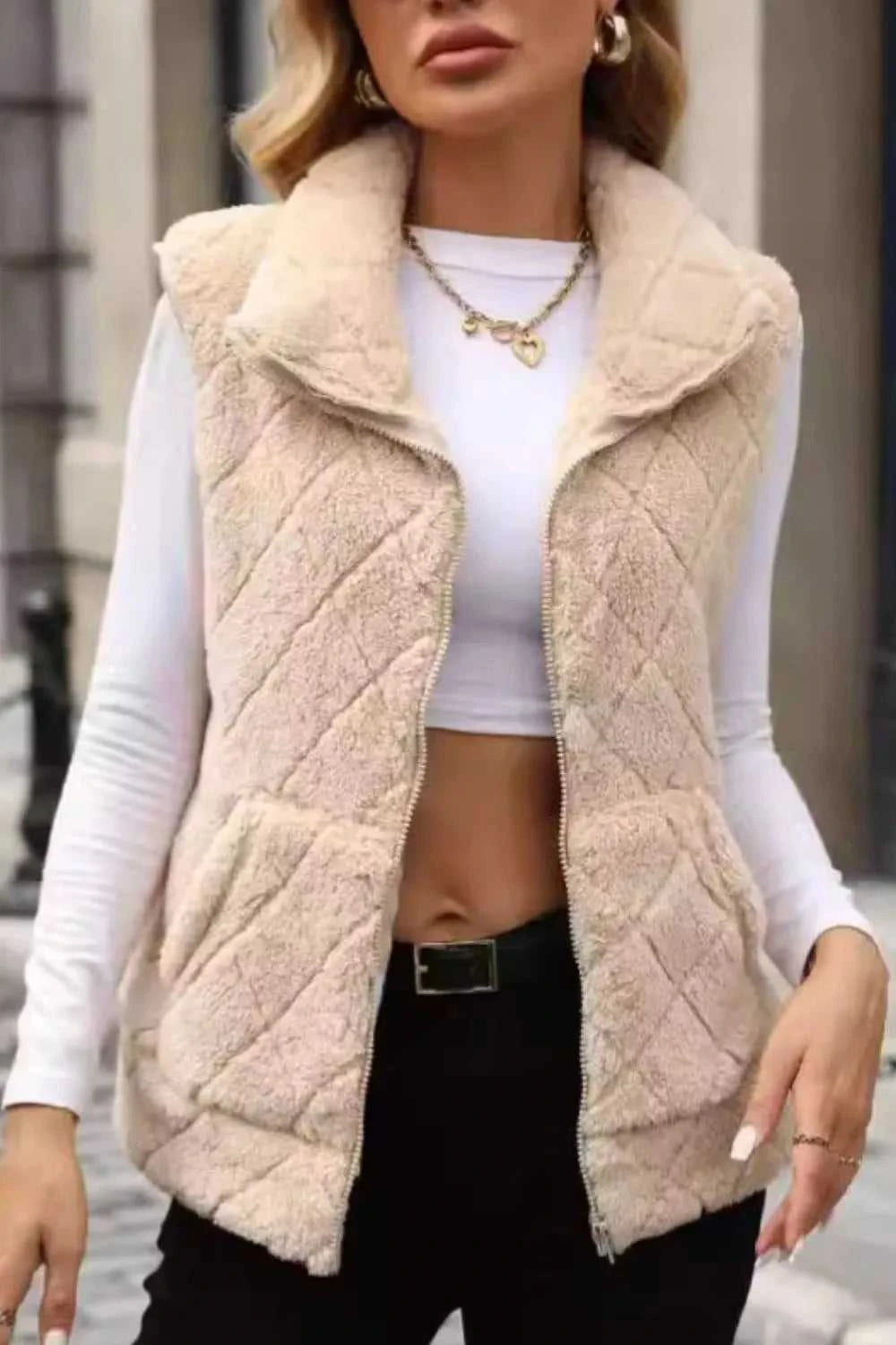 Fuzzy Plaid Texture Zip Up Vest Coat 100100915540550 35 Affordable Fashion Under $100 Jerry's Apparel 