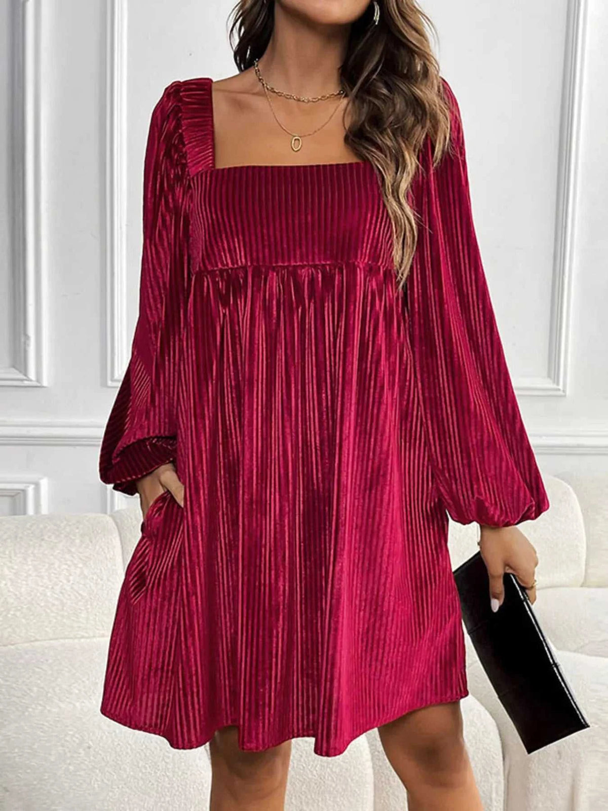 Velvet Square Neck Long Sleeve Dress 100100004568053 56 Affordable Fashion Under $100 Jerry's Apparel 