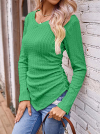 Textured Ruched V-Neck Long Sleeve T-Shirt