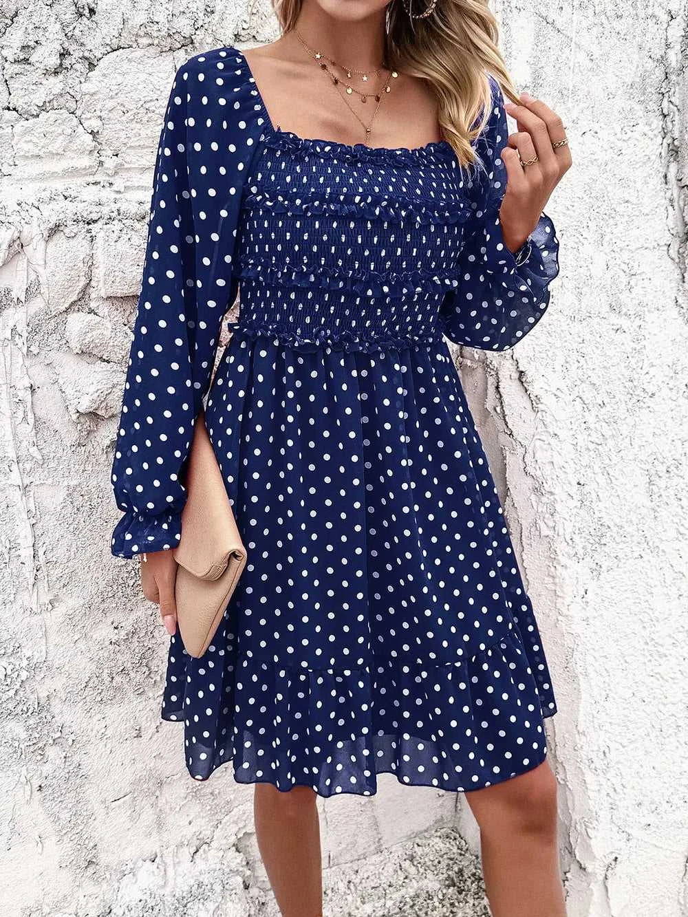 Devine Smocked Polka Dot Long Sleeve Dress 100100845229368 44 Affordable Fashion Under $100 Jerry's Apparel 