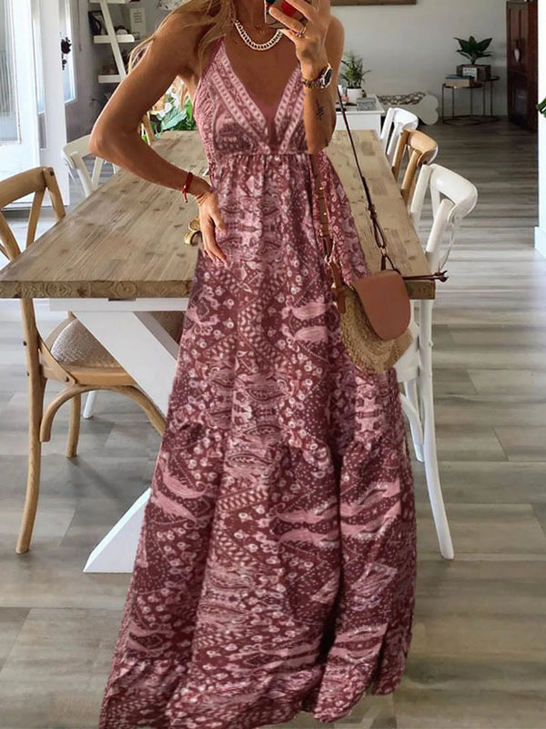 Full Size Printed V-Neck Maxi Cami Dress Plus Size