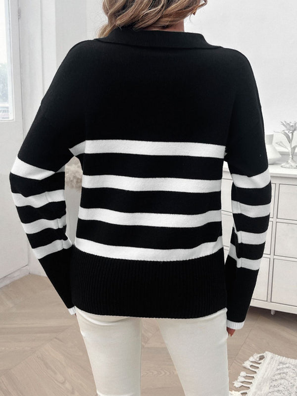 Striped Collared Neck Long Sleeve Sweater