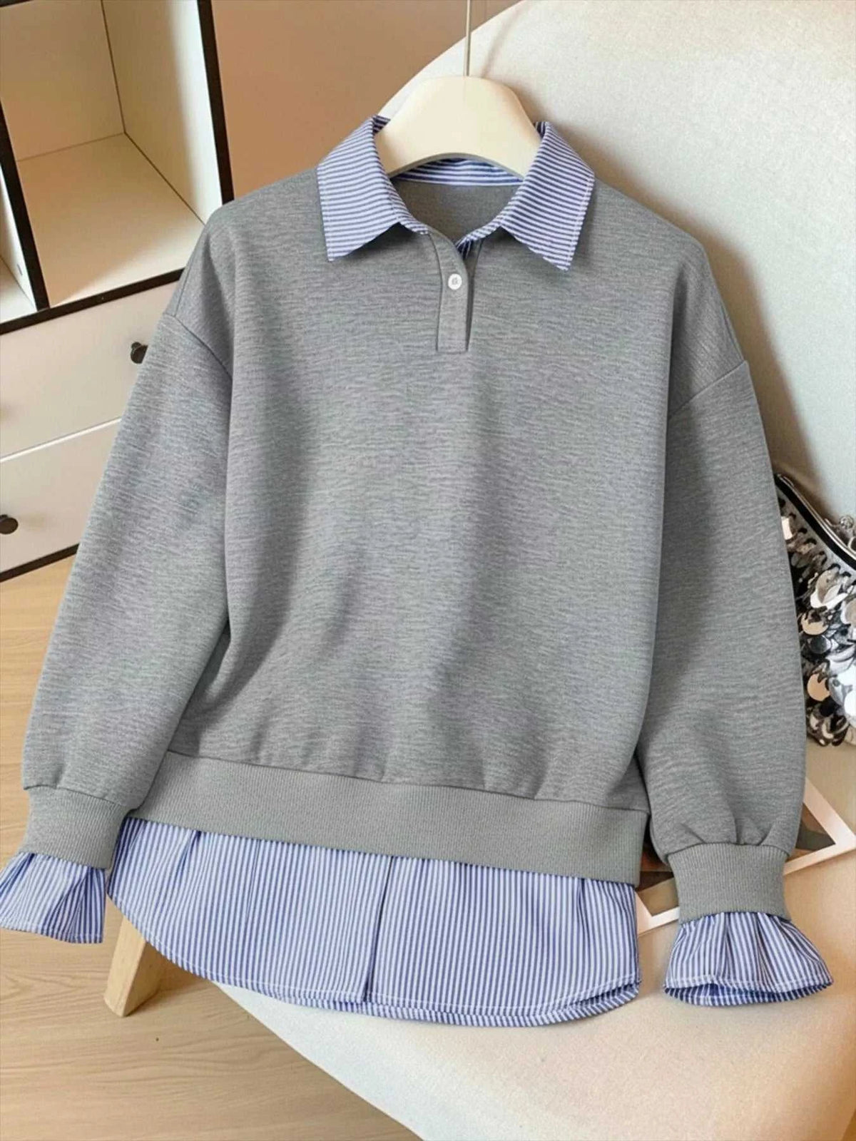 Striped Collar Long Sleeve Fake Two Piece Sweatshirt 100100225082825 39 Affordable Fashion Under $100 Jerry's Apparel 