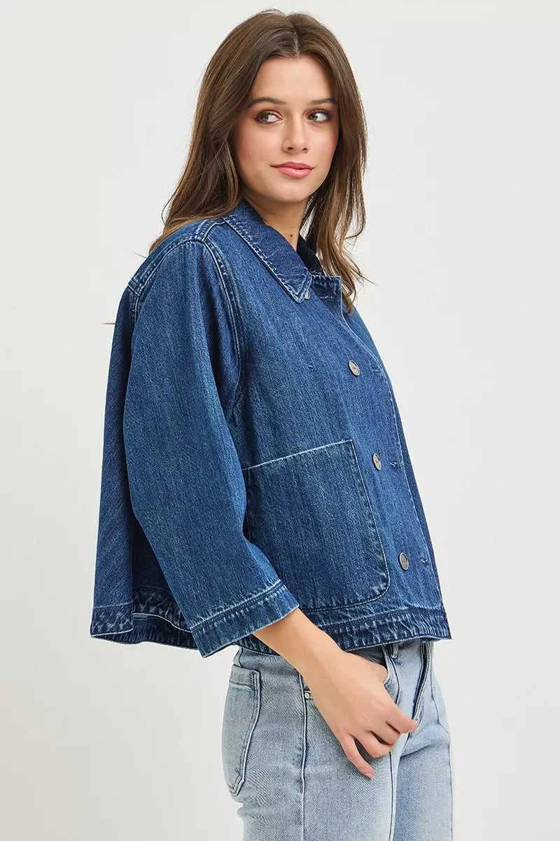 RISEN Double-Breasted Flowy Cropped Denim Jacket 100100941271782 66 Affordable Fashion Under $100 Jerry's Apparel 
