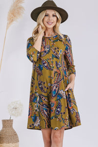 Full Size Paisley Print Round Neck Dress with Pockets