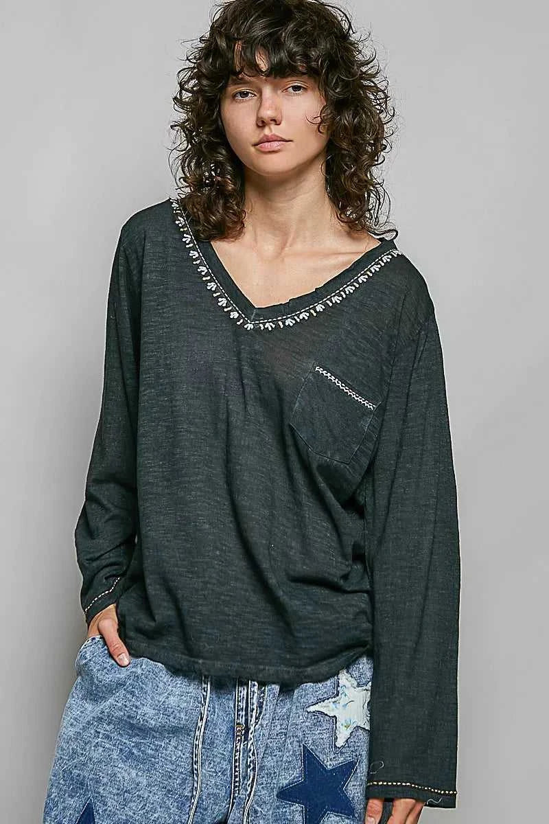 POL Contrast Stitch V-Neck Lightweight Knit Long Sleeve Top 100100339291657 43 Affordable Fashion Under $100 Jerry's Apparel 