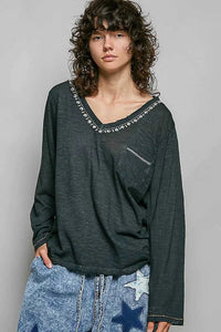 POL Contrast Stitch V-Neck Lightweight Knit Long Sleeve Top 100100339291657 43 Affordable Fashion Under $100 Jerry's Apparel 