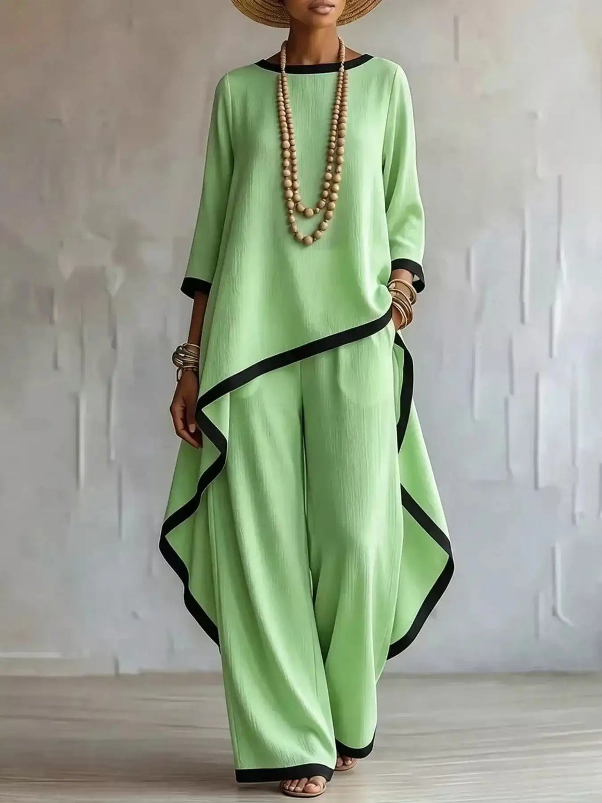 Full Size Contrast Trim High-Low Top and Pants Set Plus Size 101001695377847 67 Women's Pants Set Gifts for Her Jerry's Apparel 