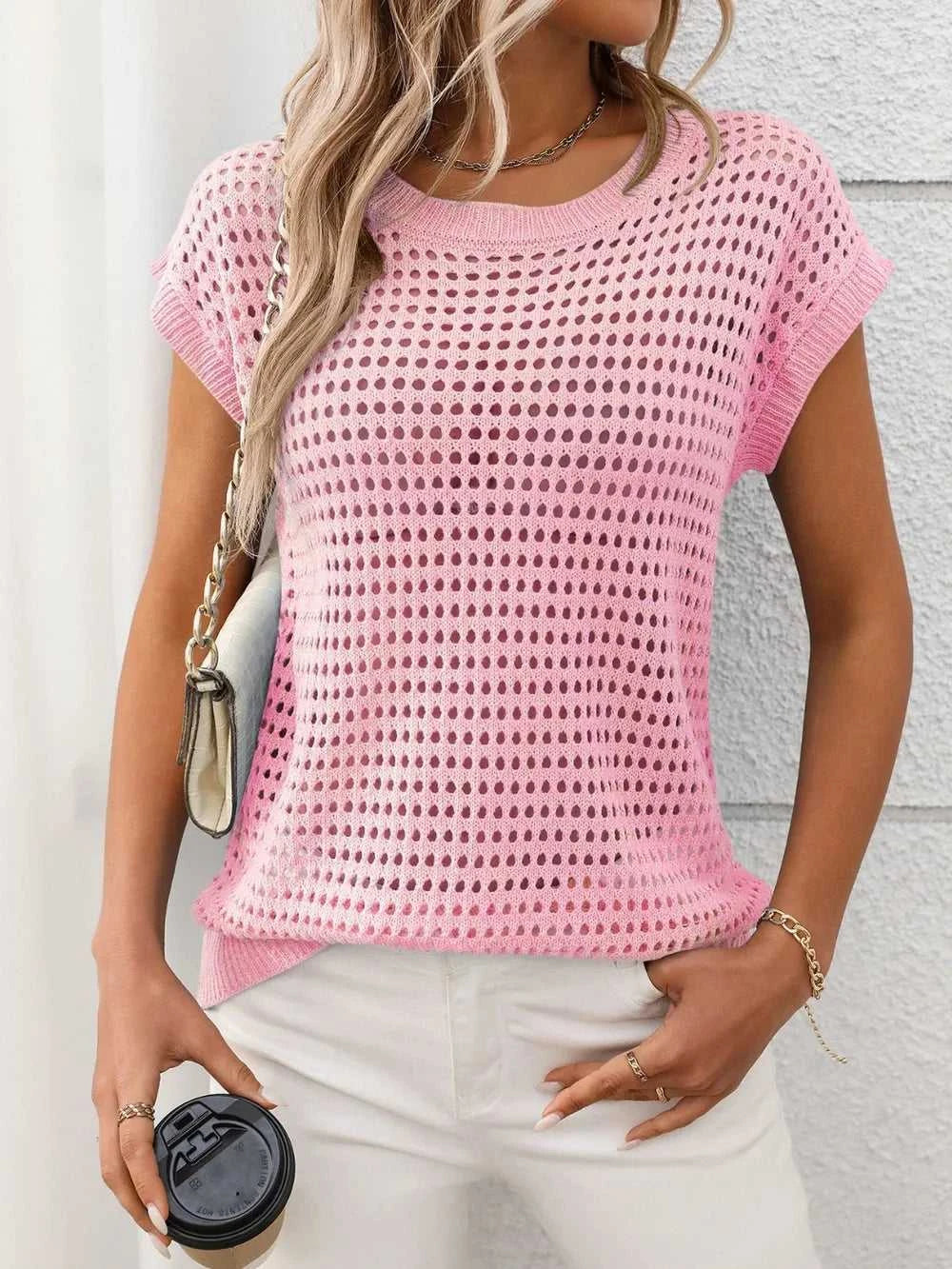 Openwork Round Neck Short Sleeve Knit Cover Up 100100244781953 22 Affordable Fashion Under $100 Jerry's Apparel 