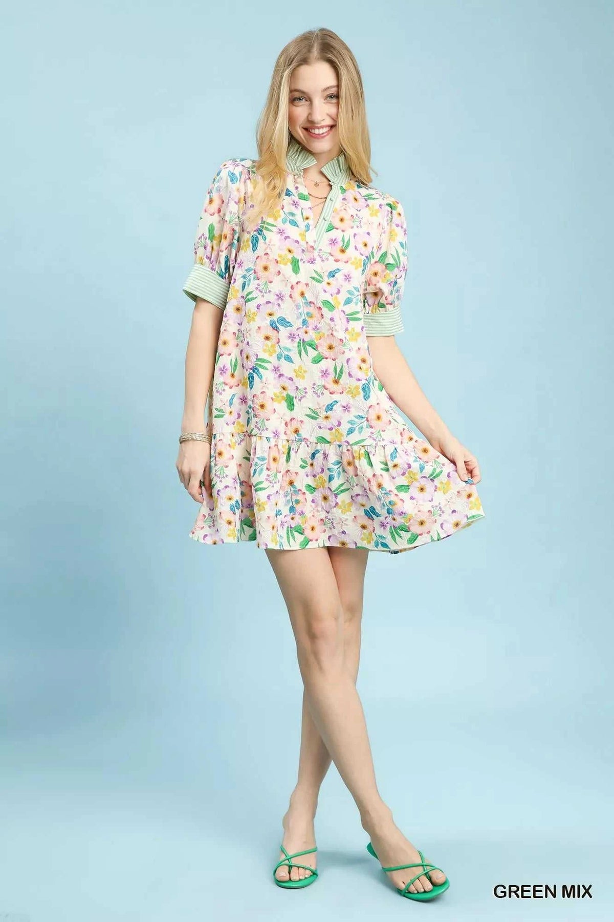 Umgee Mix Floral Ruffle Collar Tiered Babydoll Dress 100100272701571 57 Affordable Fashion Under $100 Jerry's Apparel 