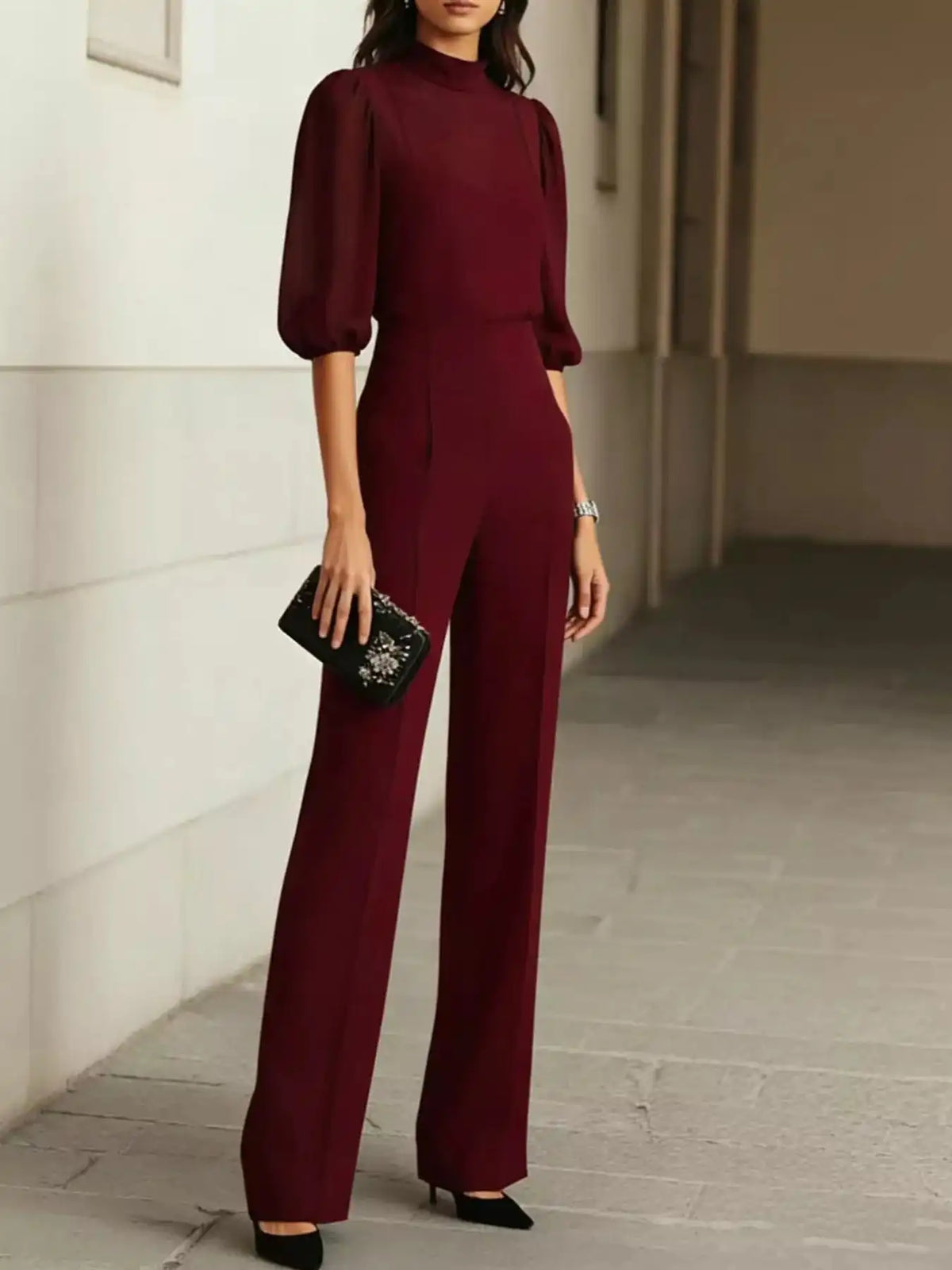 Mock Neck Puff Sleeve Top and Wide Leg Pants Set 101001448710869 73 Affordable Fashion Under $100 Jerry's Apparel 