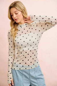 BiBi High Neck Line Polka Dots Mesh Top With Thumb Open 100100247581444 36 Gifts for Her Jerry's Apparel 