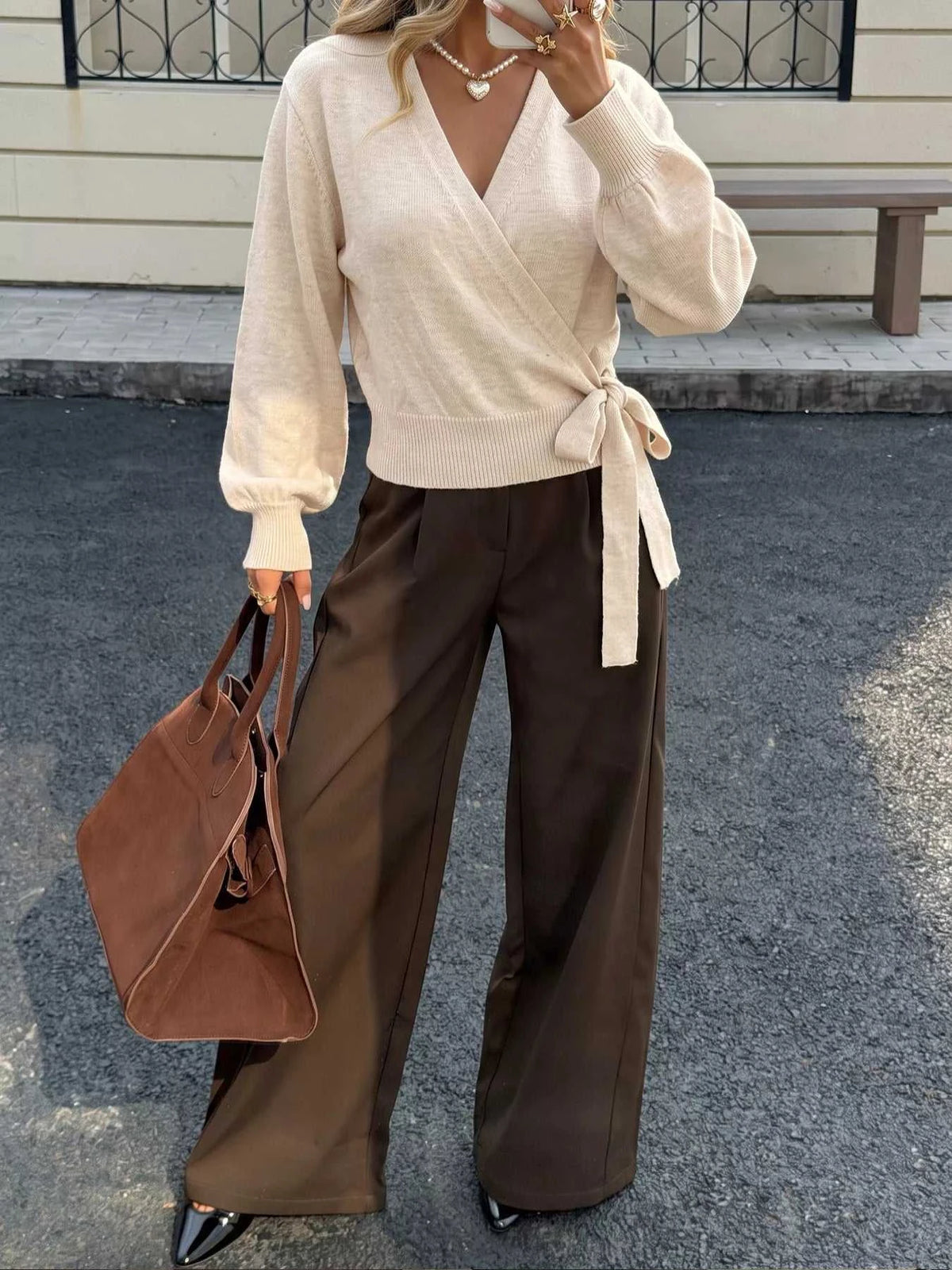 Tied Surplice Long Sleeve Sweater 100100102140940 38 Women's Sweaters and Knitwear Jerry's Apparel 