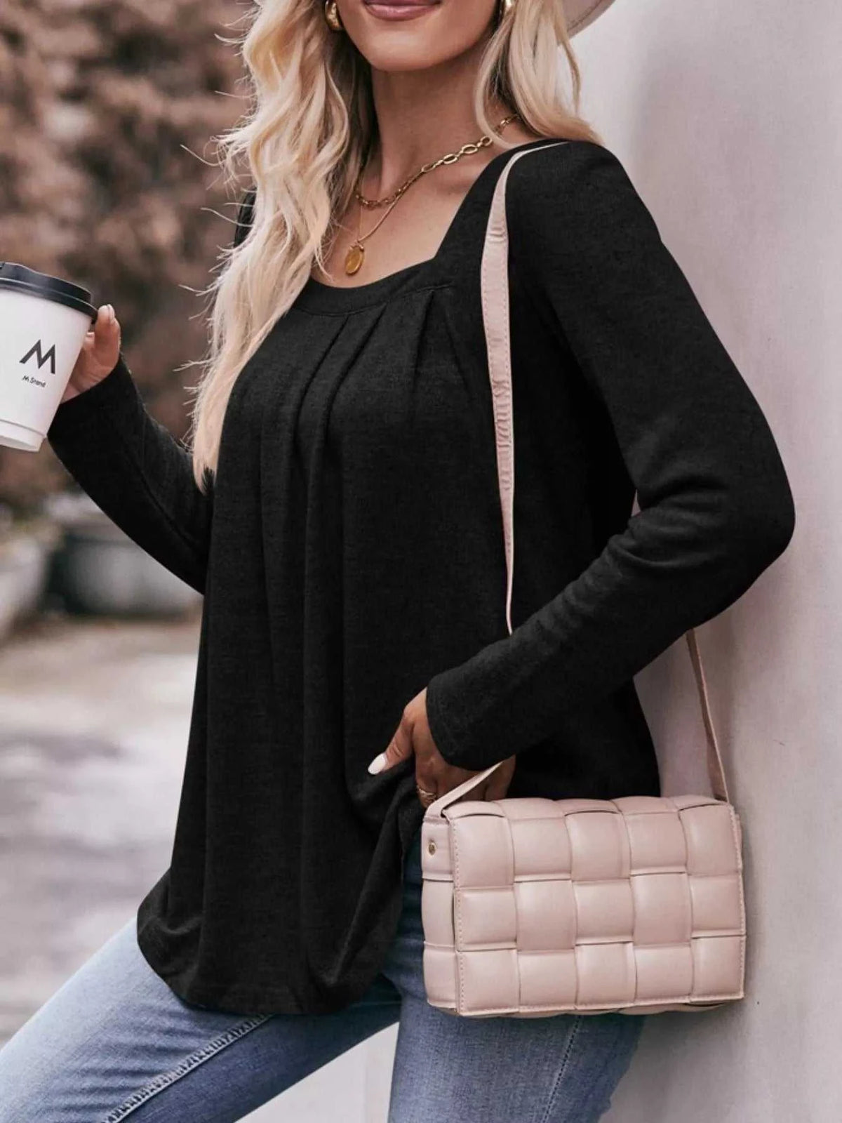 Pleated Square Neck Long Sleeve T-Shirt 100100387874963 31 Affordable Fashion Under $100 Jerry's Apparel 