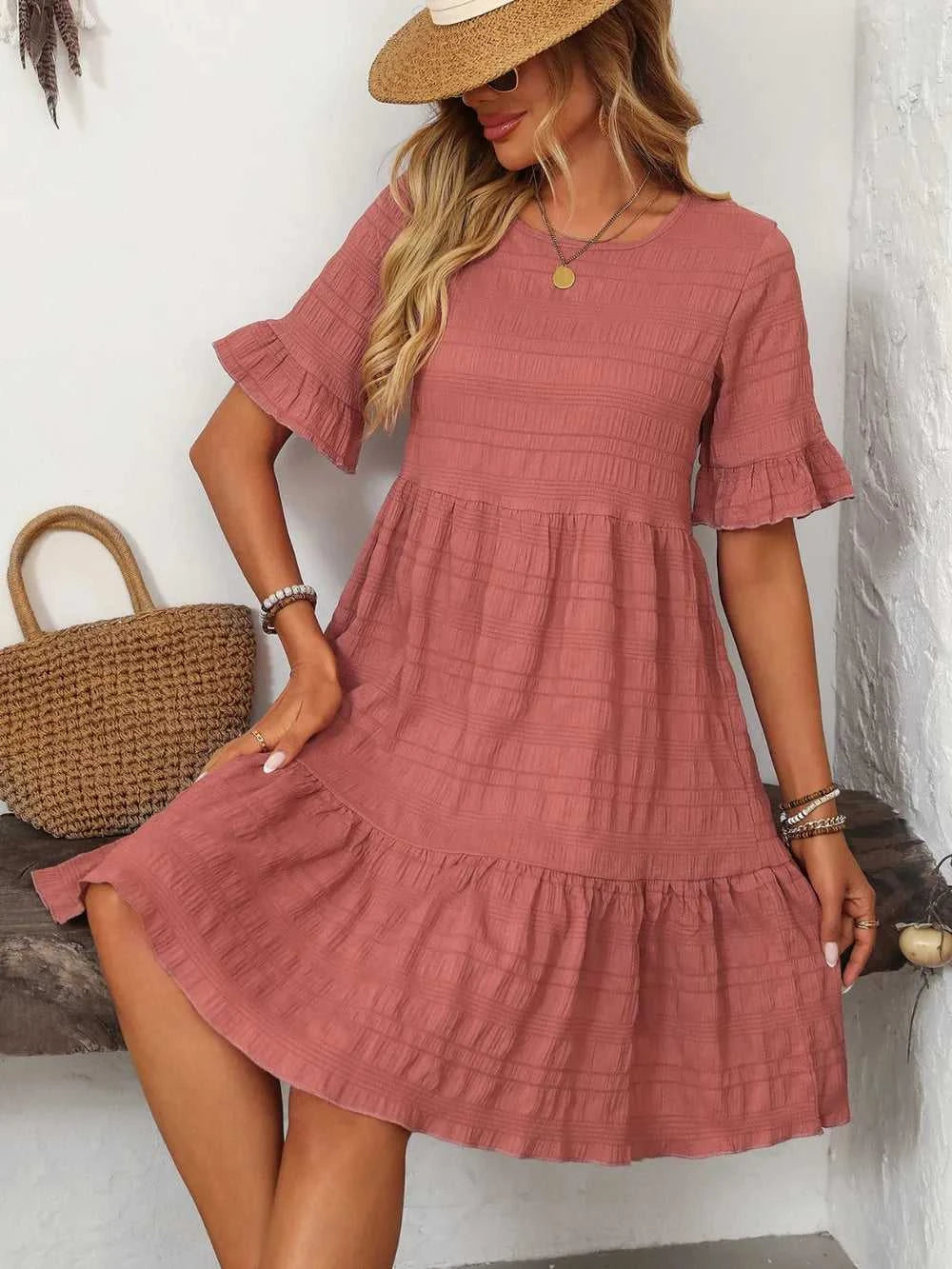 Mandy Ruffled Ruched Round Neck Half Sleeve Dress 100100796041903 25 Affordable Fashion Under $100 Jerry's Apparel 