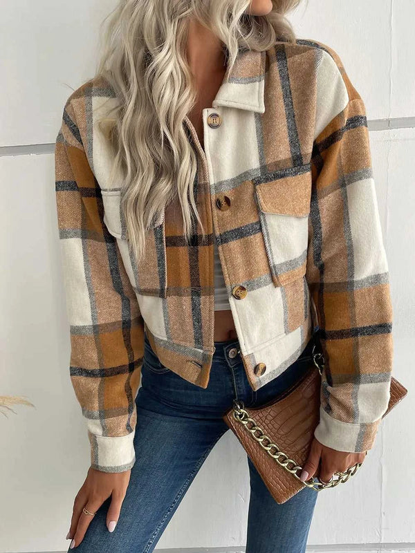 Perfee Plaid Button Up Drop Shoulder Cropped Jacket 100100253651808 53 Affordable Fashion Under $100 Jerry's Apparel 