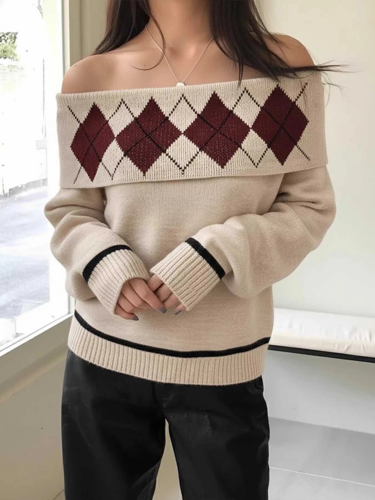 Off-Shoulder Argyle Pattern Sweater 100100066394324 44 Affordable Fashion Under $100 Jerry's Apparel 