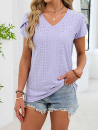 Eyelet Petal Sleeve V-Neck T-Shirt 100100180821182 24 Affordable Fashion Under $100 Jerry's Apparel 