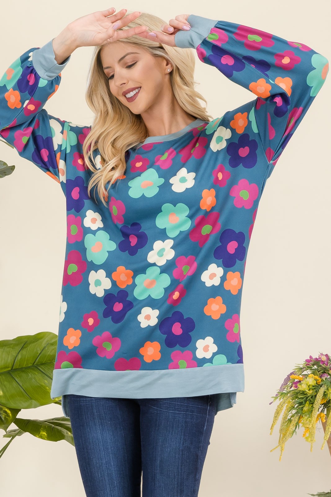 Celeste Full Size Side Slit Flower Print Long Sleeve Top