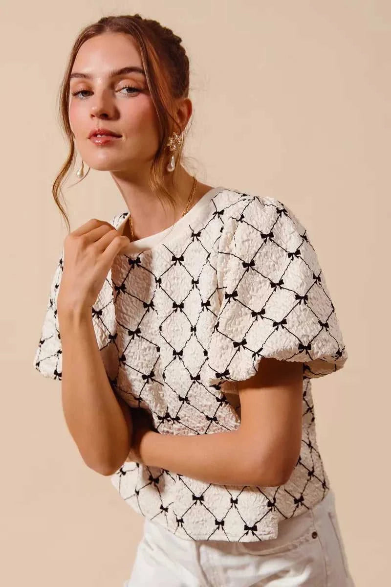 SO ME Bow Texture Woven Bubble Sleeve Top 100100611111697 44 Affordable Fashion Under $100 Jerry's Apparel 