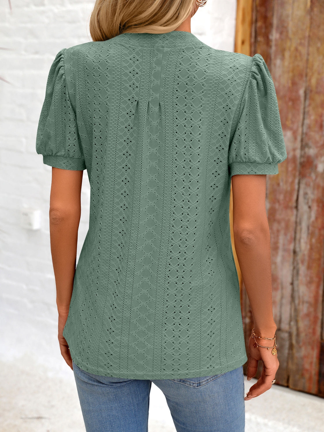 Eyelet Notched Puff Sleeve T-Shirt