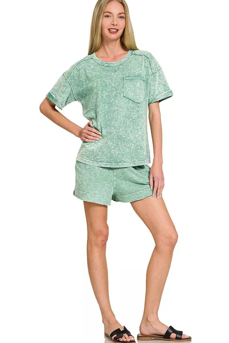 Zenana Halo Snow Washed Exposed Seam Top & Shorts Set 100100554881174 45 Affordable Fashion Under $100 Jerry's Apparel 