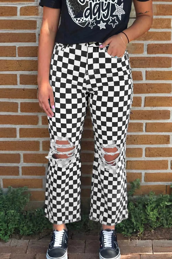 Checkerboard Print Distressed Holes Raw Edge Cropped Jeans 100100713792699 63 Seasonal Fashion Collections Jerry's Apparel 