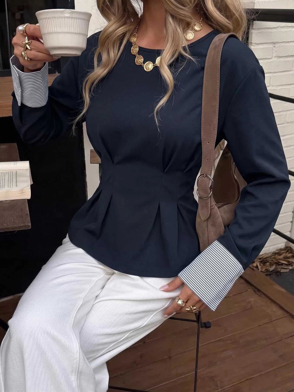 Round Neck Peplum Top with Striped Cuffs 100100734963918 45 Affordable Fashion Under $100 Jerry's Apparel 
