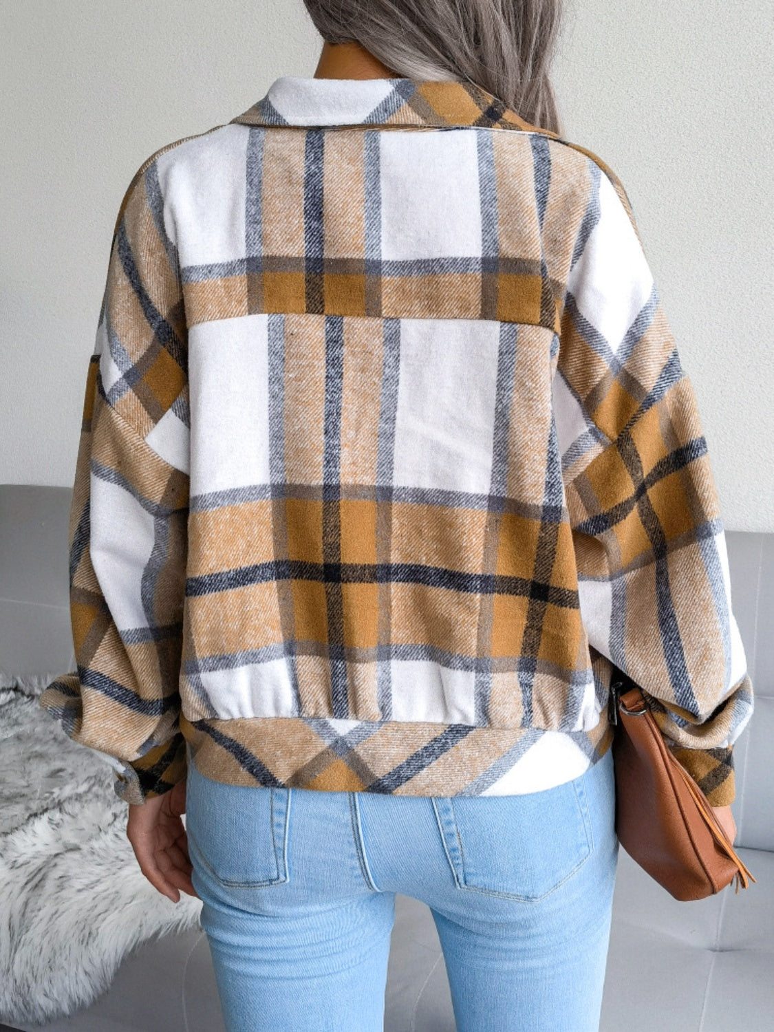 Plaid Collared Neck Long Sleeve Jacket