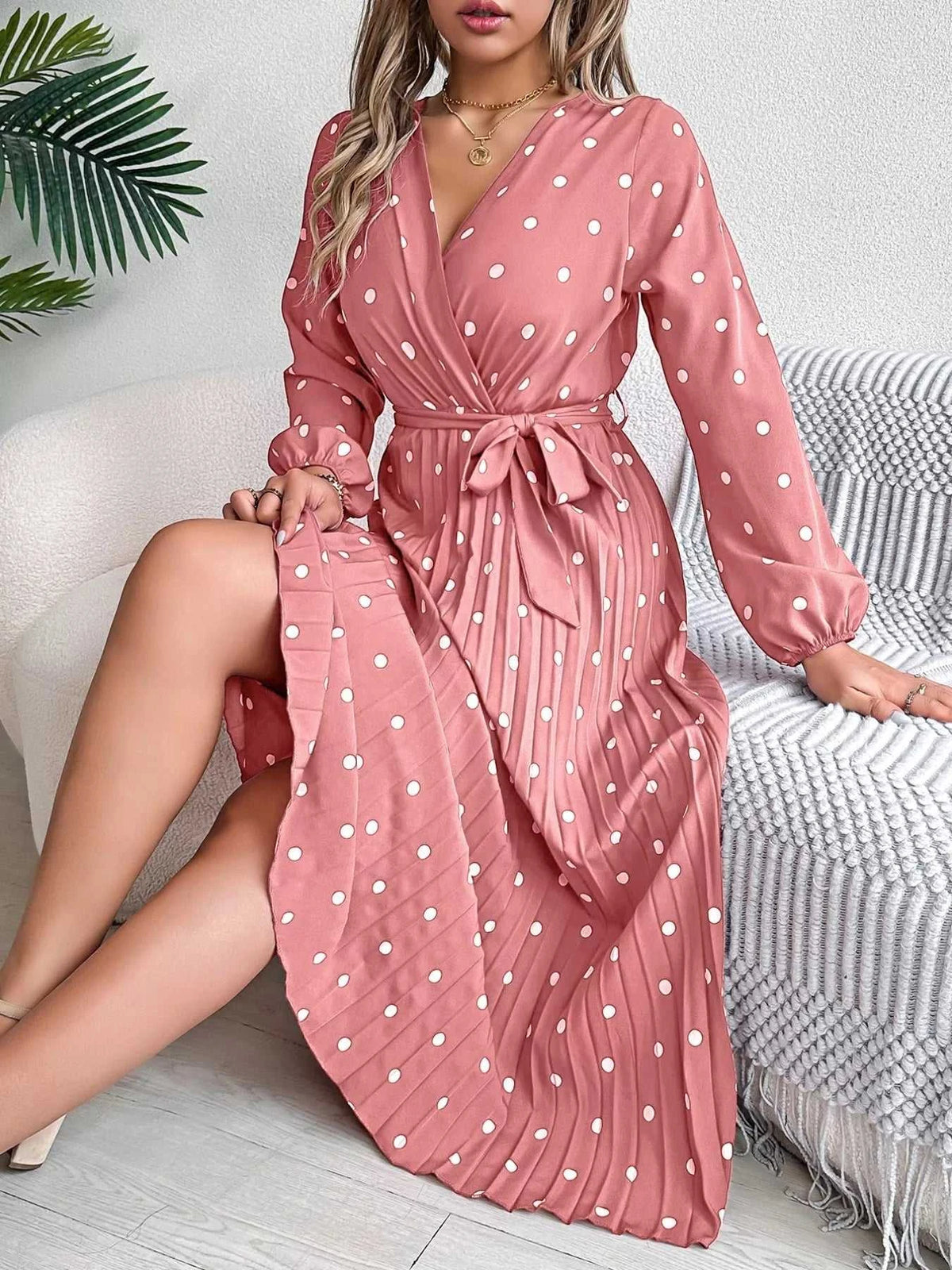 Front Tie Polka Dot Midi Pleated Dress 100100612892124 36 Gifts for Her Jerry's Apparel 