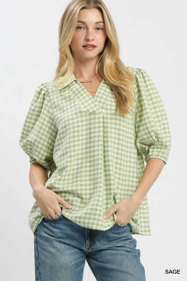 Umgee Gingham Puff Sleeve Collared Blouse 100100078681438 45 Affordable Fashion Under $100 Jerry's Apparel 