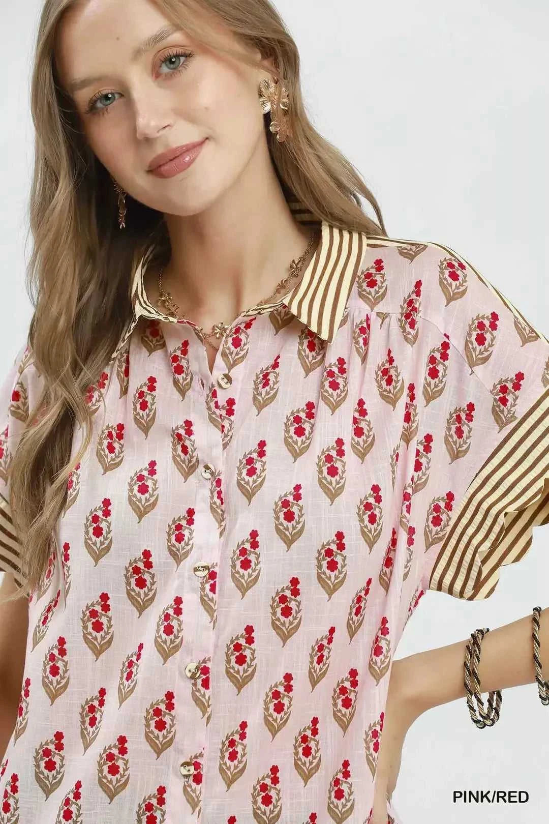 Umgee Block Print Button-Front Shirt with Contrast Stripe Point Collar 100100523571151 47 Affordable Fashion Under $100 Jerry's Apparel 