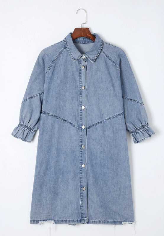 Distressed Collared Neck Flounce Sleeve Denim Dress