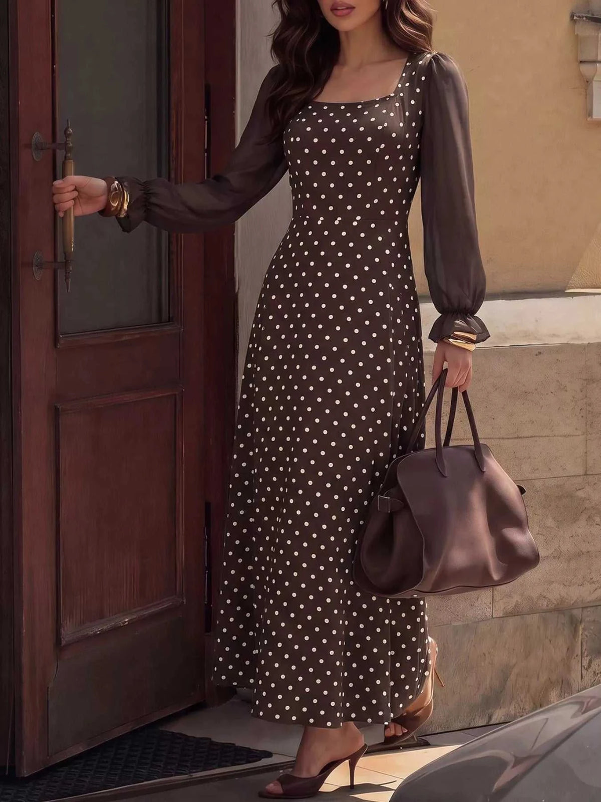 Polka Dot Square Neck Long Sleeve Maxi Dress 100100951009677 41 Affordable Fashion Under $100 Jerry's Apparel 