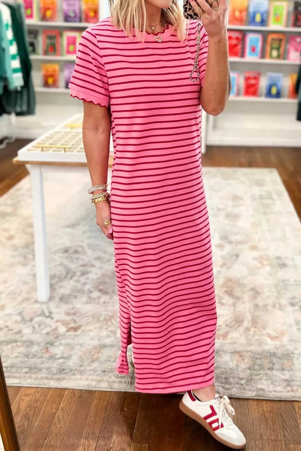 Stripe Striped Short Sleeve Scalloped Trim Side Slit Maxi Tee Dress 100100105587816 43 Affordable Fashion Under $100 Jerry's Apparel 