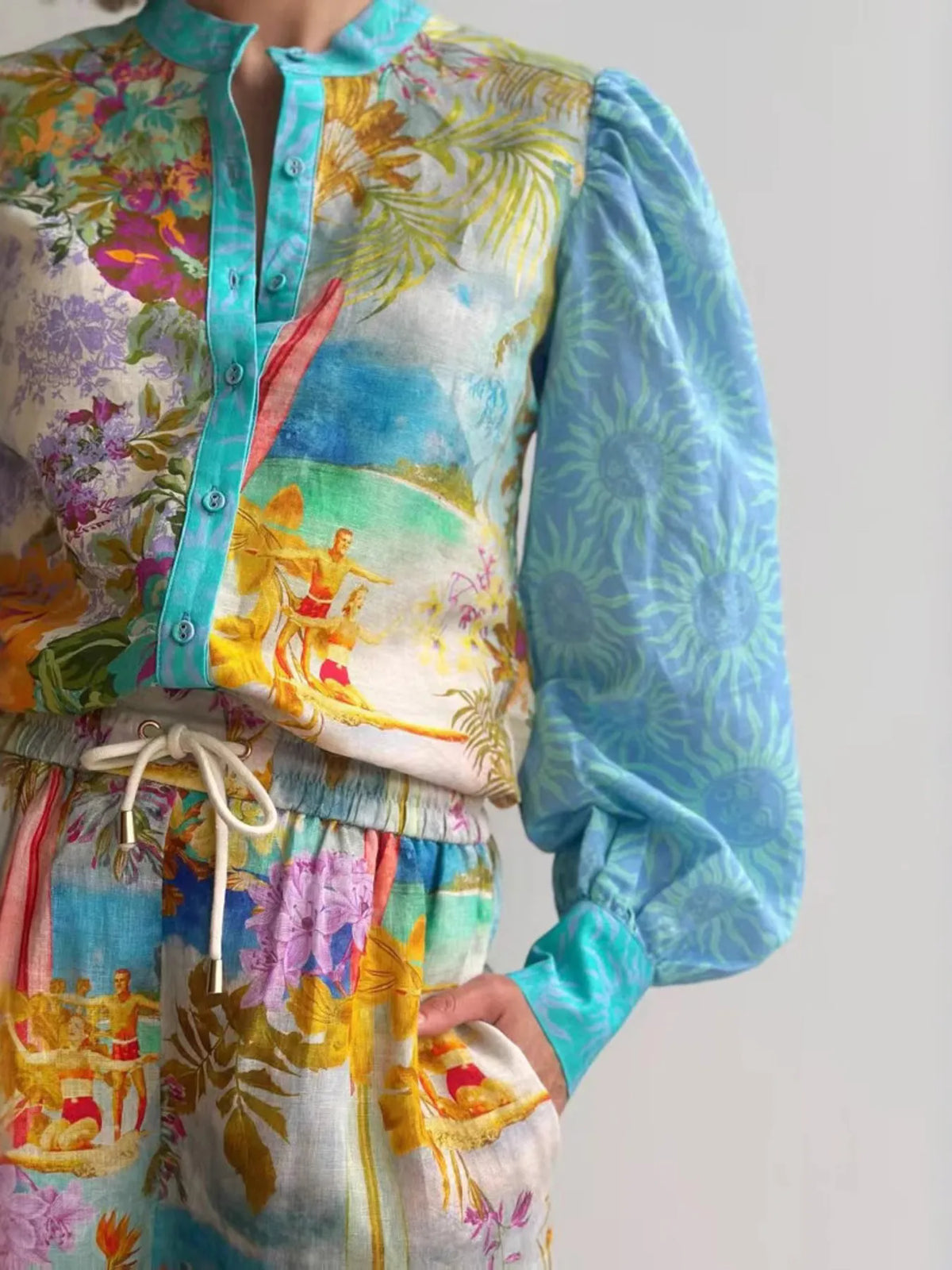 Printed Button Up Shirt and Shorts Set