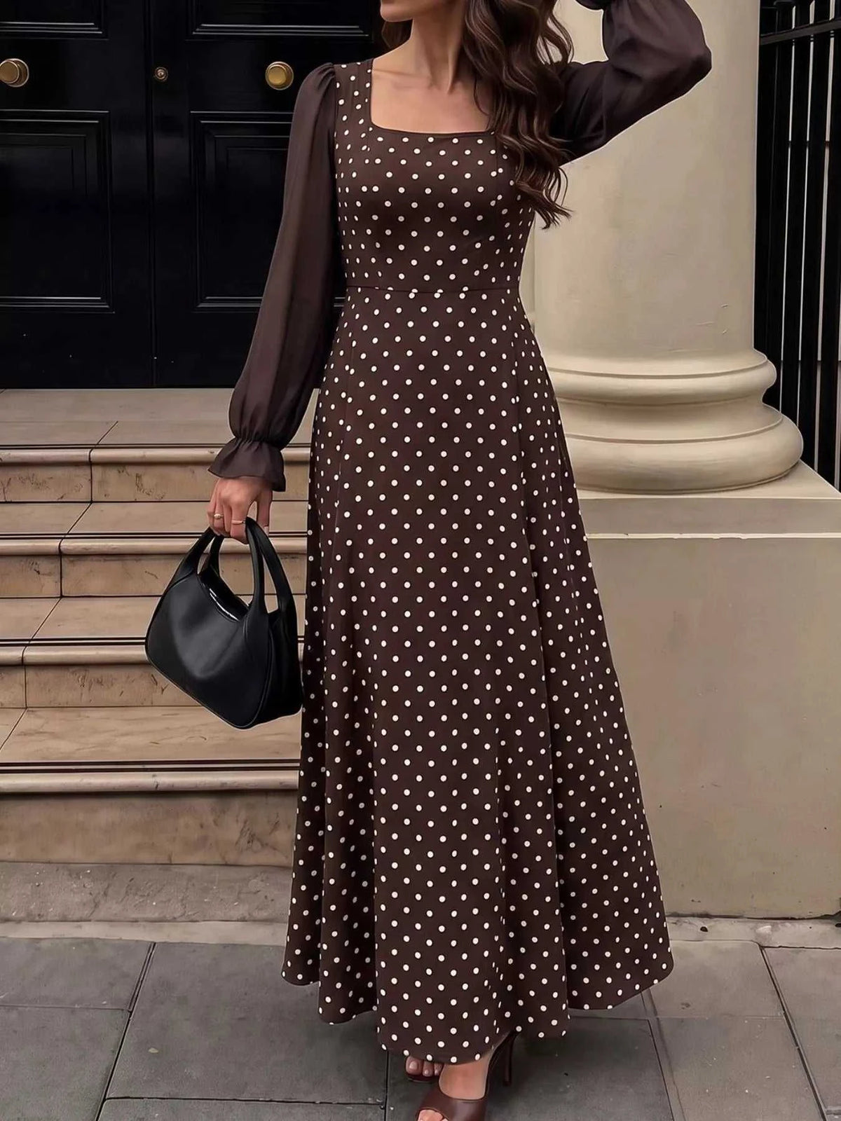 Polka Dot Square Neck Long Sleeve Maxi Dress 100100951009677 41 Affordable Fashion Under $100 Jerry's Apparel 