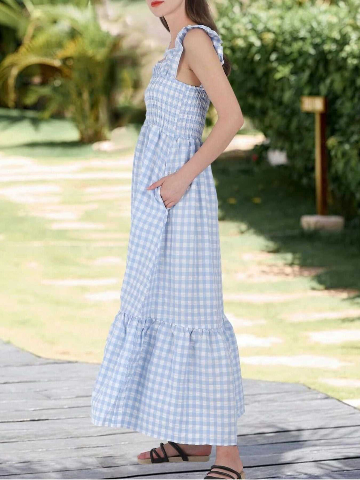 Ruffled Sleeveless Gingham Midi Dress 100100350034223 45 Affordable Fashion Under $100 Jerry's Apparel 