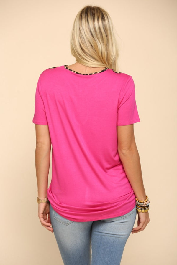 Full Size Crisscross Cutout Leopard Contrast Trim T-Shirt