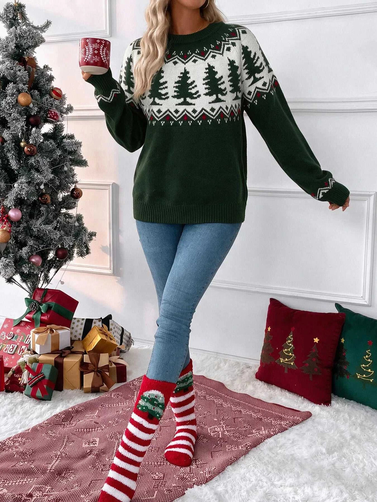 Christmas Tree Pattern Round Neck Sweater 101002229661667 54 Affordable Fashion Under $100 Jerry's Apparel 