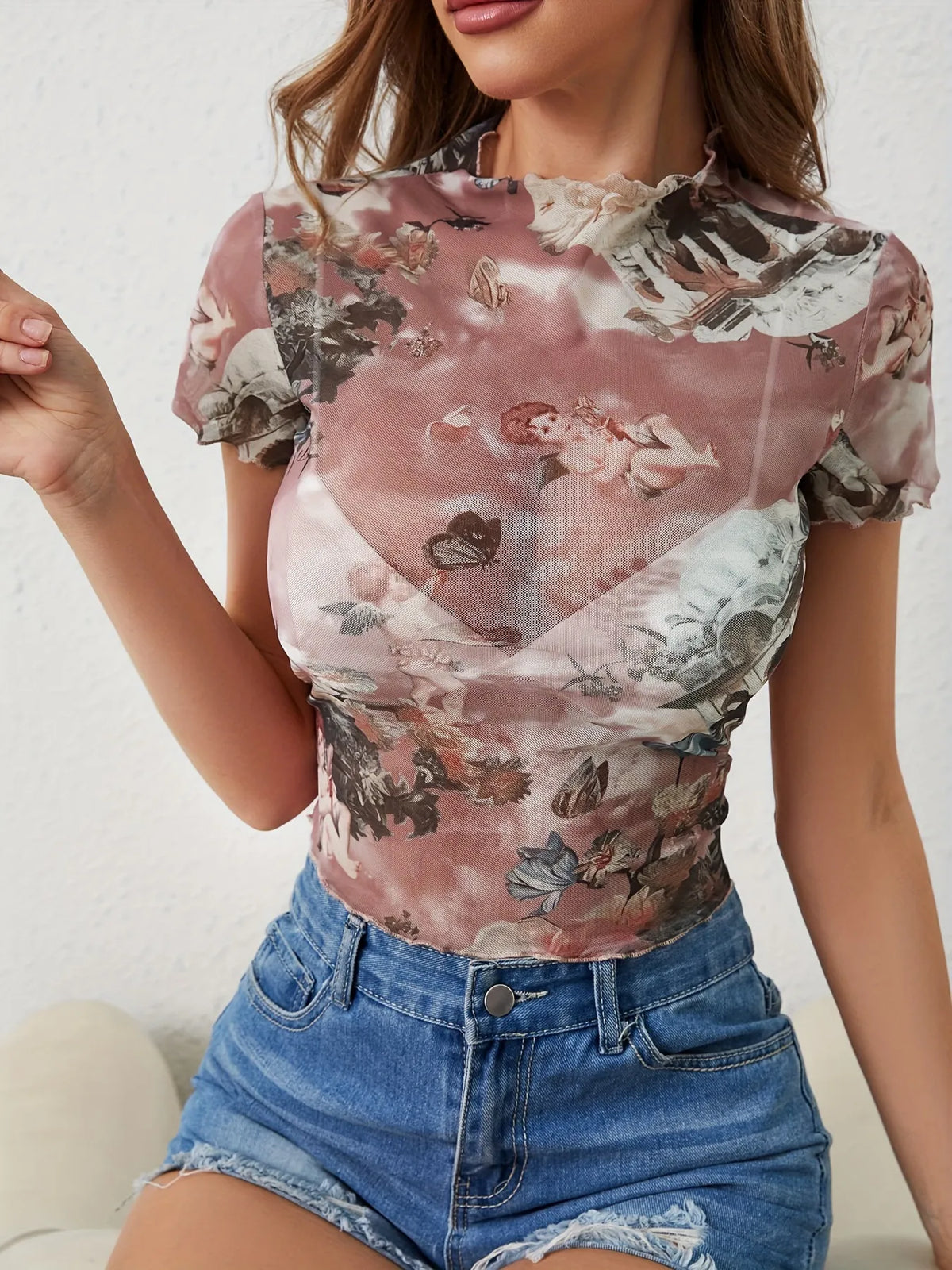 Abstract Print Ruffled Mock Neck Crop T-Shirt