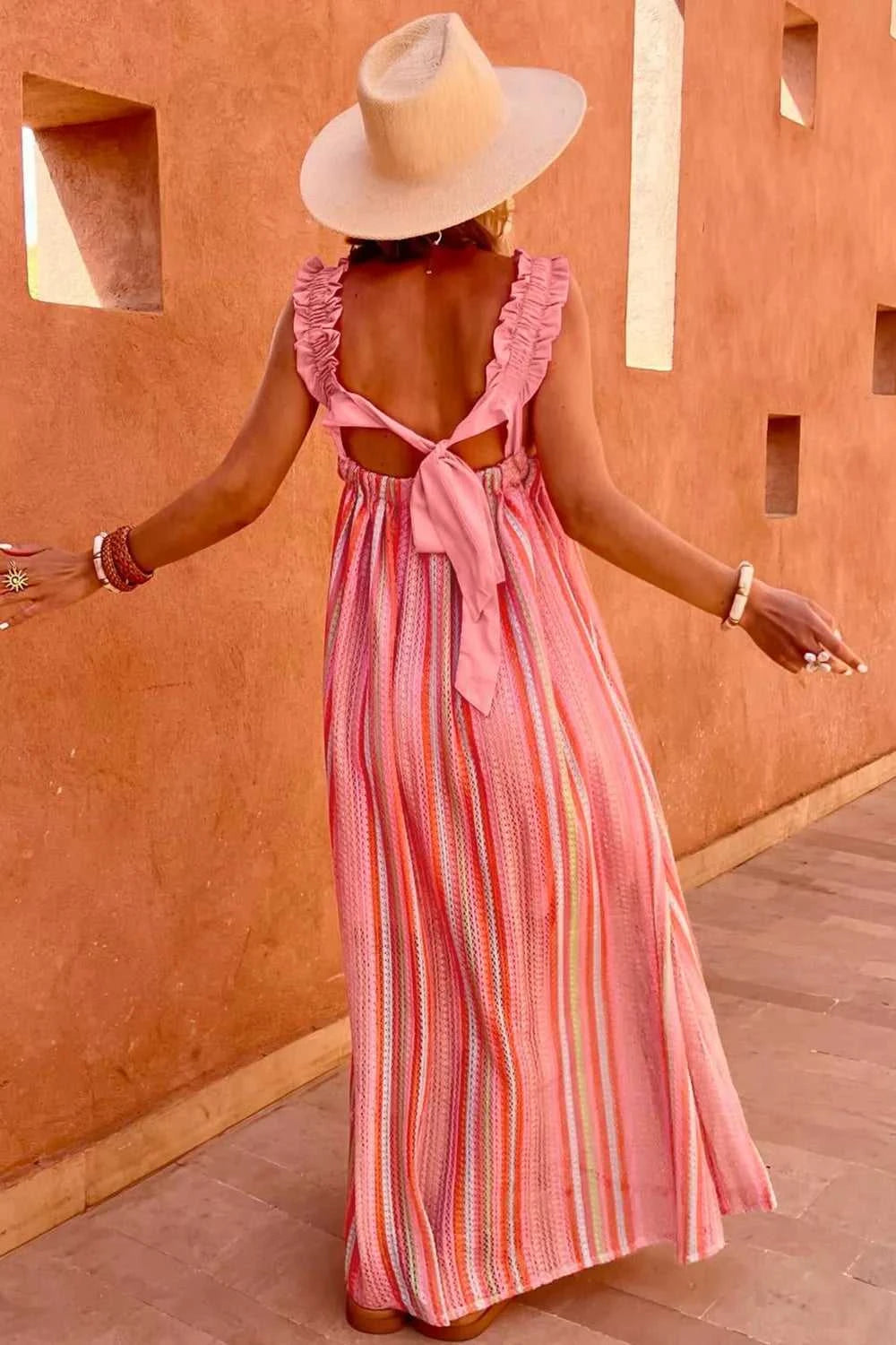 Stripe Ruffled Straps Ribbon Knot Flowy Vacation Maxi Dress 100100860040024 76 Affordable Fashion Under $100 Jerry's Apparel 