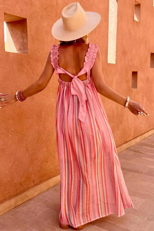 Stripe Ruffled Straps Ribbon Knot Flowy Vacation Maxi Dress 100100860040024 76 Affordable Fashion Under $100 Jerry's Apparel 