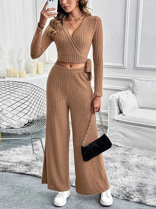 Perfee Surplice Long Sleeve Top and Pants Set 100100682721258 48 Jerry's Apparel 