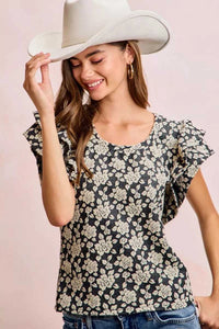 BiBi Floral Jacquard Ruffle Sleeves Knit Top 100100264791752 46 Affordable Fashion Under $100 Jerry's Apparel 