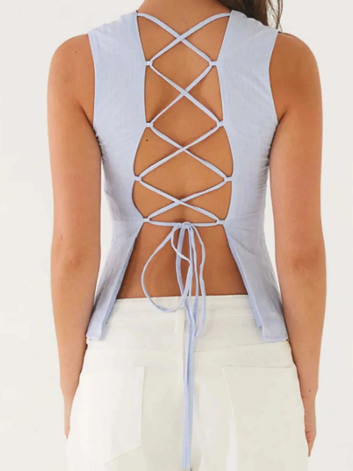 Back Lace Up Sleeveless Top with Cinched Waist Design 100100957854098 34 Affordable Fashion Under $100 Jerry's Apparel 