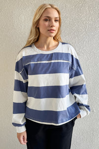 Oh Pima Cotton Wash Exposed Seam Contrast Striped Round Neck Long Sleeve T-Shirt