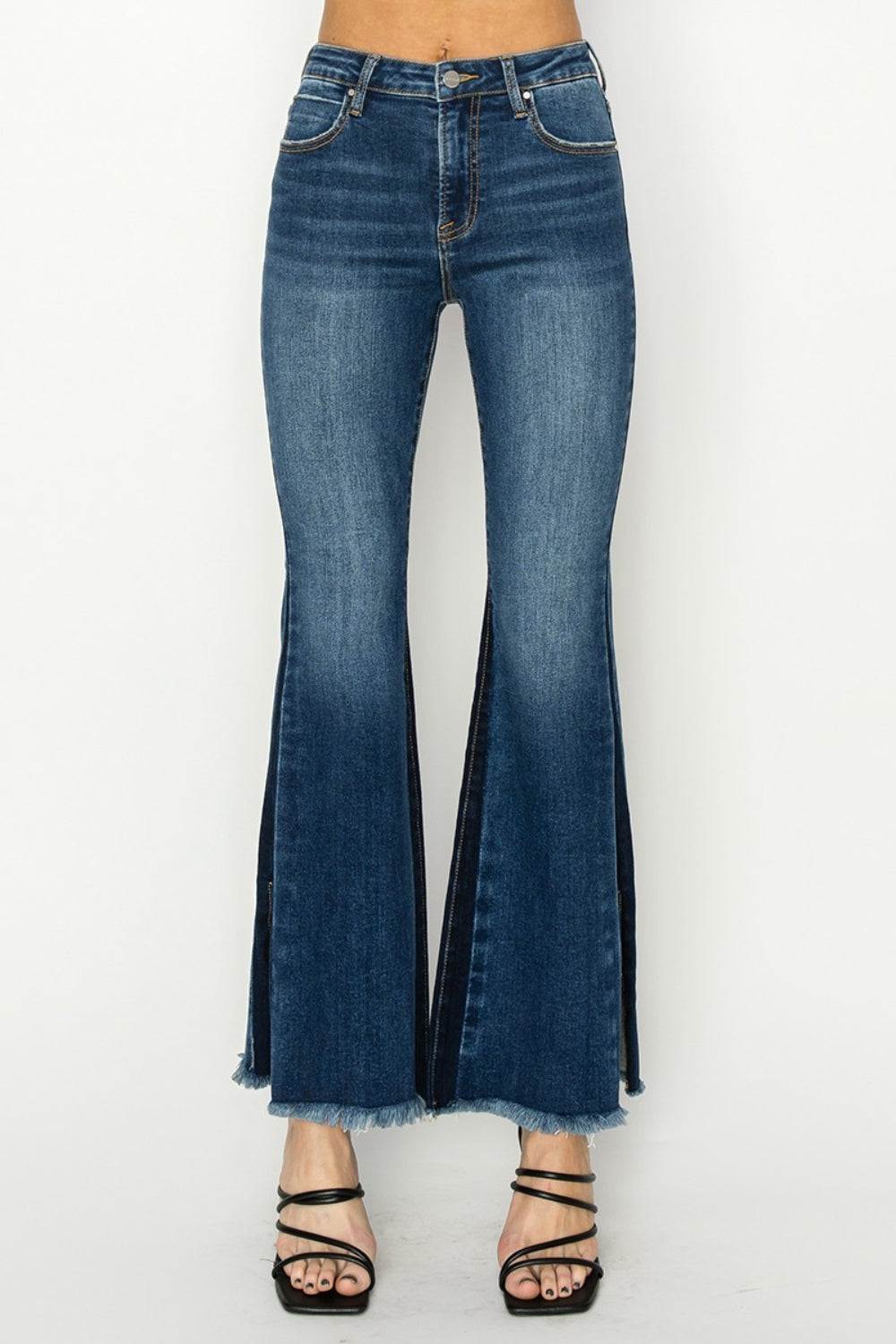 Full Size High Rise Side Shadow Seam Detail Slit Flare Jeans