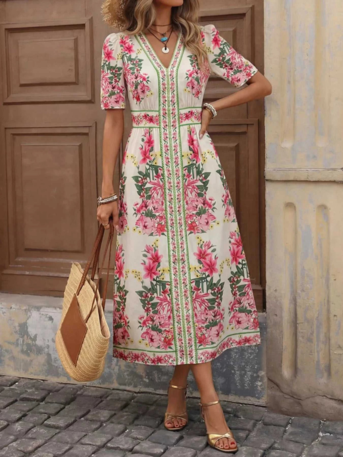 Floral Print V-Neck Midi Dress 100100495492221 32 Women's Midi Dress Affordable Boutique Dresses Under $50 Jerry's Apparel 