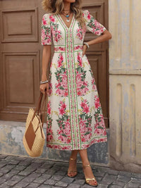 Floral Print V-Neck Midi Dress 100100495492221 32 Women's Midi Dress Affordable Boutique Dresses Under $50 Jerry's Apparel 